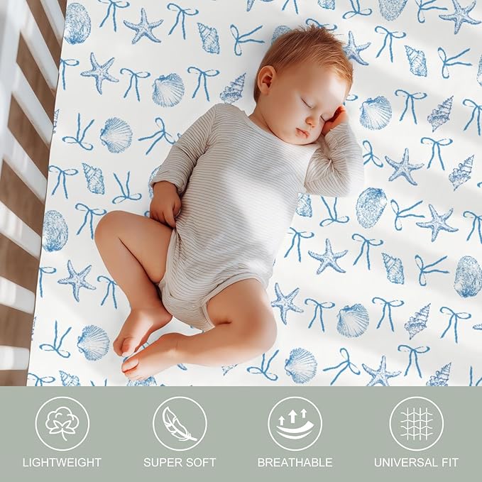 Summer Conches Bows Sea Baby Crib Sheets for Boy Girl 52x28In Ocean Seashells Beach Soft Snug Fitted Crib Mattress Cover Boho Nautical Marine Baby Sheet for Standard Crib & Toddler Bed Mattress 2 Pack