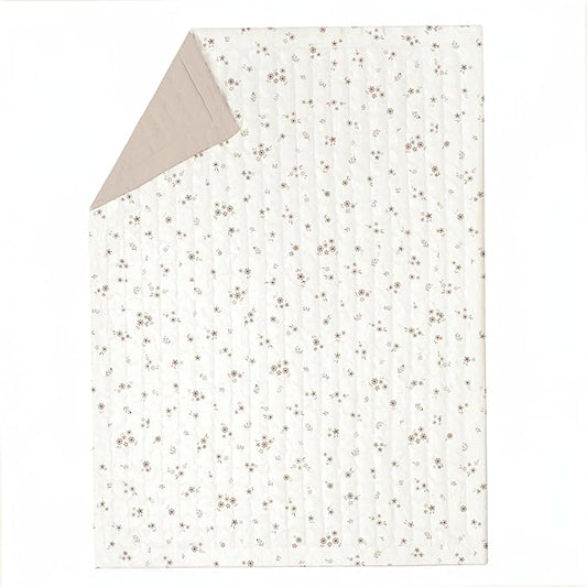 MakeMake Organics Organic Twin Comforter GOTS Certified Organic Kids Blanket Cotton Infill Tufted - Reversible Ultra Soft Breathable Boys Girls (68"x88", Bloom + Solid Pecan)