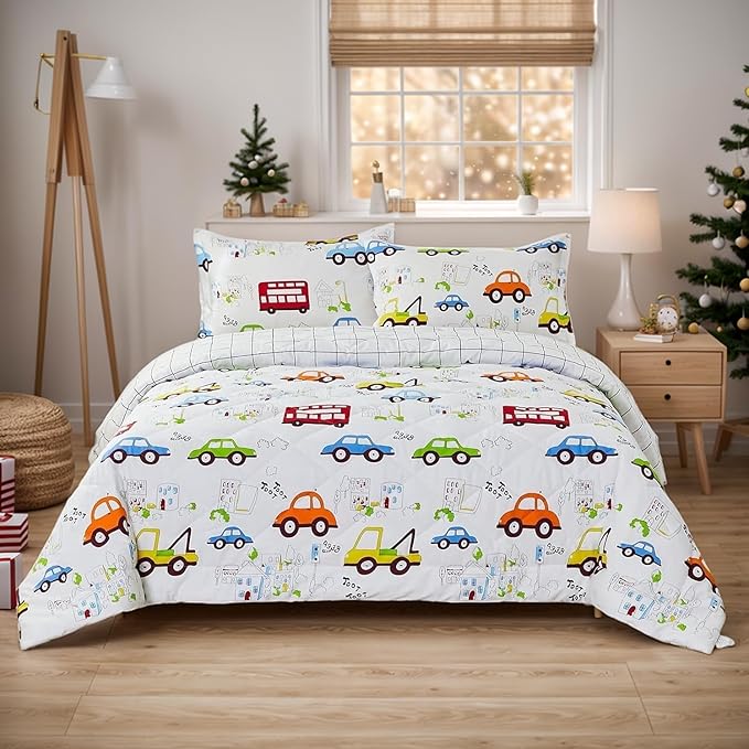 Brandream Kids Comforter Set Twin Size Cotton Boy Quilt Set 3-Piece Cars Trucks Bedding Set Collection Soft