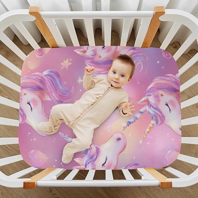 Rainbow Gradient Starry Unicorn Horn Hearts Crib Sheets Standard Crib Toddler Mattresses Cover Fitted Baby Bed Sheet Breathable Crib Mattress Sheet for Girls Boys 52" x 28"x5''
