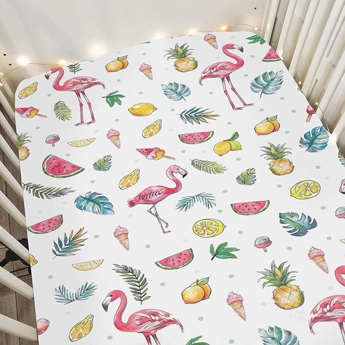 Pink Flamingo Tropical Flowers Leaves Baby Crib Sheets for Boy Girl 28"x52" Summer Birds Fruits Soft Snug Fitted Crib Mattress Cover Beach Vacation Baby Sheet for Standard Crib & Toddler Bed Mattress