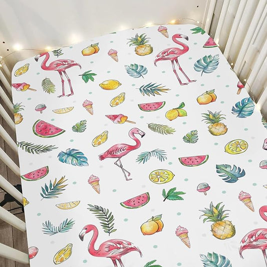 Pink Flamingo Tropical Flowers Leaves Baby Crib Sheets for Boy Girl 28"x52" Summer Birds Fruits Soft Snug Fitted Crib Mattress Cover Beach Vacation Baby Sheet for Standard Crib & Toddler Bed Mattress