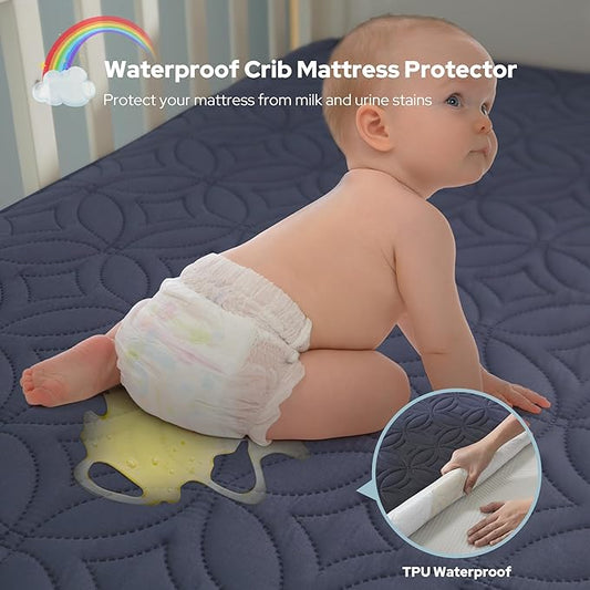 Waterproof Crib Mattress Protector 2 Pack, Soft and Breathable Crib Mattress Pad Cover, Noiseless Machine Washable Toddler Mattress Protector for Standard Baby Toddler Bed (52''x28'',Navy Blue)