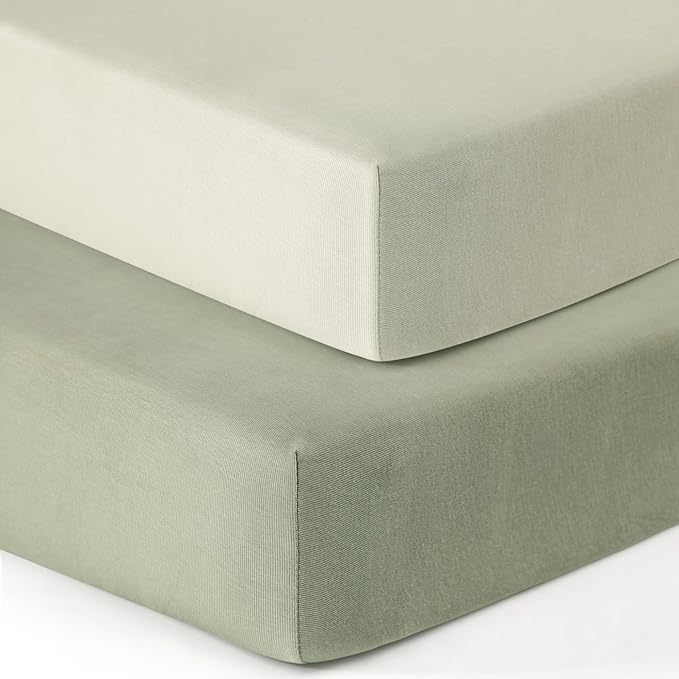 GRSSDER Jersey Crib Sheets for Boys and Girls, Stretchy Ultra Soft Crib Fitted Sheets Set 2 Pack, Universal Fit All Standard Crib Mattress Pads Safe and Snug, Pale Sage/Sage