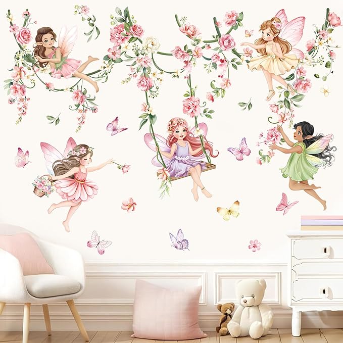decalmile Pink Flower Fairy Wall Stickers Hanging Peony Flower Vine Butterfly Elf Wall Decals Baby Nursery Bedroom Girls Room Home Decor