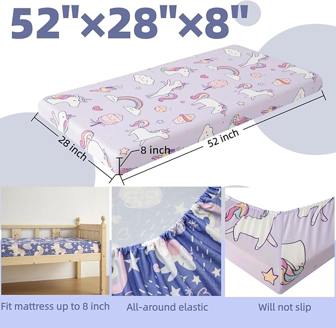 SDIII 2 Pack Unicorn Crib Sheets for Baby Girl 52×28 Stretchy Microfiber Jersey Knit Fall Baby Sheets for Standard Crib and Toddler Mattress