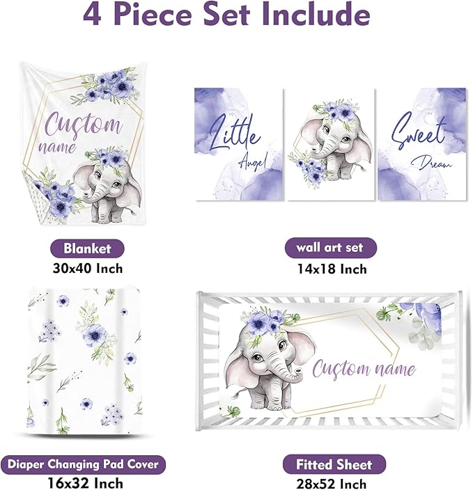 Personalized Baby Crib Bedding Set: 4 Piece Purple Flower Custom Gift Crib Bed Set with Name - Elephant Design, Nursery Bedding Set for Baby Girls,Newborn Girls Crib Sets, Crib Bedding Shower Gifts