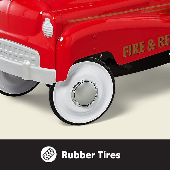 Kid Trax Fire Truck Pedal Car for Toddlers, Ages 3-5, Easy Assembly, Durable Steel, Indoor/Outdoor Ride-On, 60lbs Max, Classic Style, Functional Steering, Red, Kids Fire Truck Ride-On, Vintage