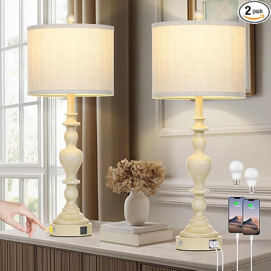 luxeflow 27" Farmhouse Table Lamps Set of 2, Vintage Bedside Lamps with USB A+C Charging Ports, 3-Way Dimmable Touch Control Traditional Nightstand Lamp for Living Room Beige (Bulbs Included)