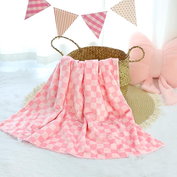Baby Blankets for Girls, Toddler Newborn Blanket Double Layer with Dotted Backing Crib Receiving Blanket for Toddler Nursery Bed Blanket, Pink Checkered, 30x40 Inches