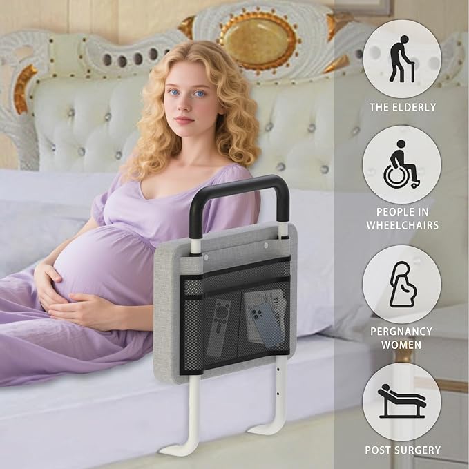 Bed Rails for Elderly Adults Safety, Bedside Mobility Assistant Railing with Padded, Bumper & Storage Pocket, Medical Support Bar for Twin, Full, Queen, King, Bunk, Dorm Beds, Gray