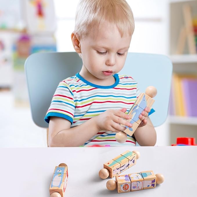 Promise Babe Wooden Animal Puzzle Toy for Toddlers 1-3, Rotating Spin Twist Blocks Set of 2, Learning Educational Montessori Toy Gifts for Kids Boys Girls, Whale and Fox