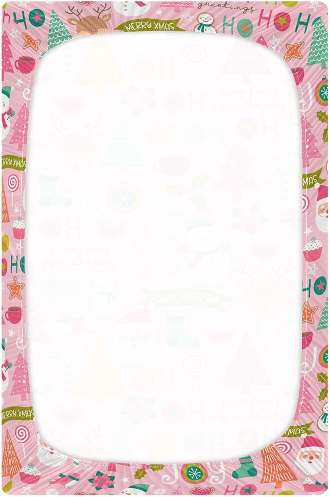 Pink Christmas Pattern Crib Sheets Soft Breathable Fitted Baby Crib Sheets Mattress Cover for Girl Boys, 52" x 28" x 9"
