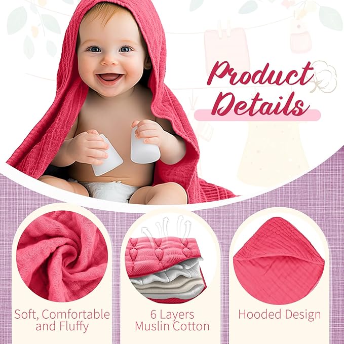 VitalCozy 8 Pcs Baby Muslin Hooded Bath Towels and Washcloths Muslin Cotton Hooded Baby Towels Absorbent Blankets for Gift Newborn Infant Shower (32 x 32 Inch,Bright Colors)