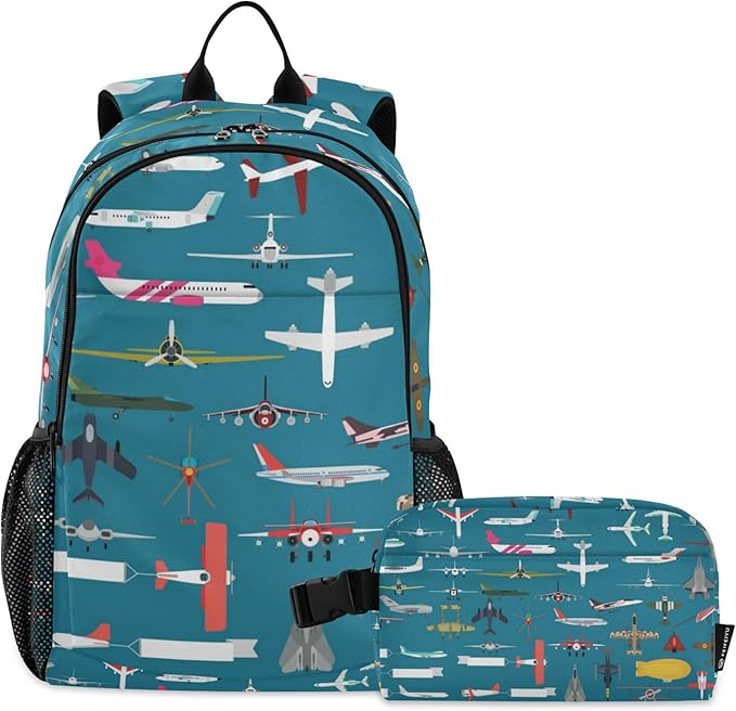 Jucciaco Airplane Plane and Aircraft Backpack with Lunch Bag, School Travel Backpack for Teens Boys Girls Kids Backpacks Set