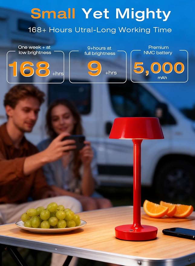 Light Worthy Cordless Rechargeable Table Lamp with Power Charger,Portable LED Desk Lamp,5000mAh Battery Operated,2700K-5700K Tunable,Stepless Touch Dimming for Bedroom Bedside Outdoor Camping,Red