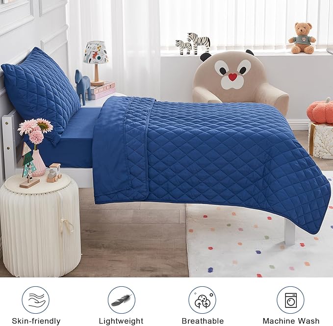 Wowelife Toddler Bed Set Blue, 4 PCS Toddler Bedding Sets for Boys and Girls, Premium Lightweight Soft Crib Comforter Set, Includes Quilted Comforter, Fitted Sheet, Flat Top Sheet and Pillowcase