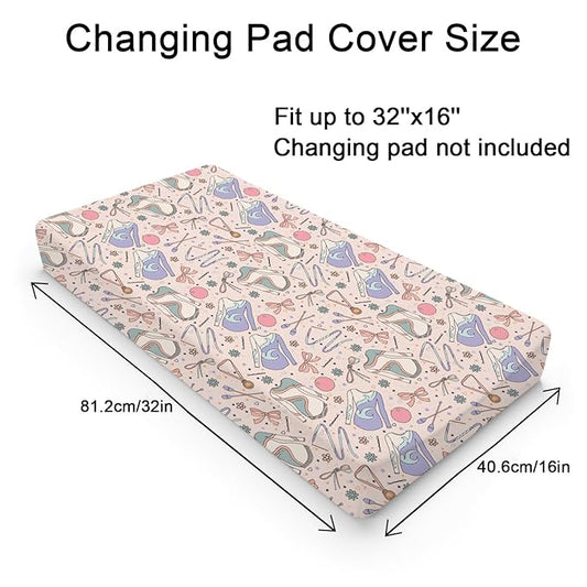 Cute Girl Gymnastics Baby Changing Pad Cover Sheets for Girls 32''x16'' Gymnast Ball Ribbon Floral Fitted Diaper Changing Table Sheets Comfort Soft Breathable Baby Change Table Mats Covers Pink
