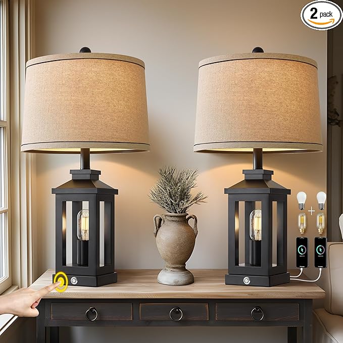 G-SAFAVA 23.75" Retro Farmhouse Black Table Lamp for Living Room Bedroom Nightstand Set of 2 Touch Control Bedside Nightlight Vintage Modern Lamp with USB C+A Ports and 2 Light Sources