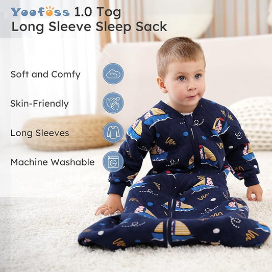 Yoofoss Baby Sleep Sack 0-6 Months 1.0 Tog Long Sleeve Sleep Sack Organic Cotton Wearable Blanket for Newborns 2-Way Zipper Quilted Sleeping Sacks(Small)