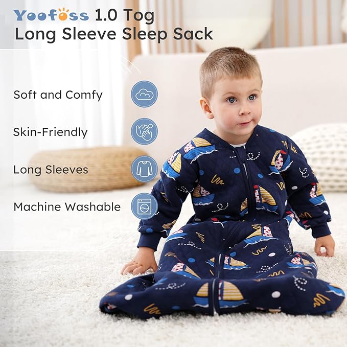 Yoofoss Baby Sleep Sack 18-24 Months 1.0 Tog Long Sleeve Sleep Sack Organic Cotton Wearable Blanket for Toddlers 2-Way Zipper Quilted Sleeping Sacks(X-Large)