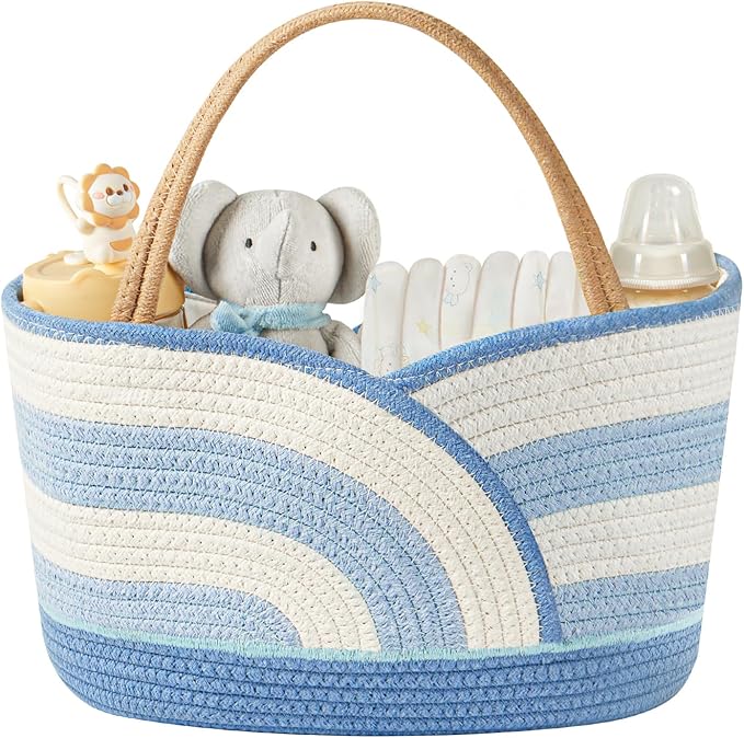 Babygreat Baby Diaper Caddy Organizer - Portable Cotton Rope Diaper Caddy Basket for Nursery, Gift for Baby Shower List, Storage for Diapers, Wipes, Toys & Newborn Essentials (Blue/White)