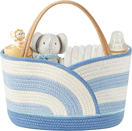 Babygreat Baby Diaper Caddy Organizer - Portable Cotton Rope Diaper Caddy Basket for Nursery, Gift for Baby Shower List, Storage for Diapers, Wipes, Toys & Newborn Essentials (Blue/White)