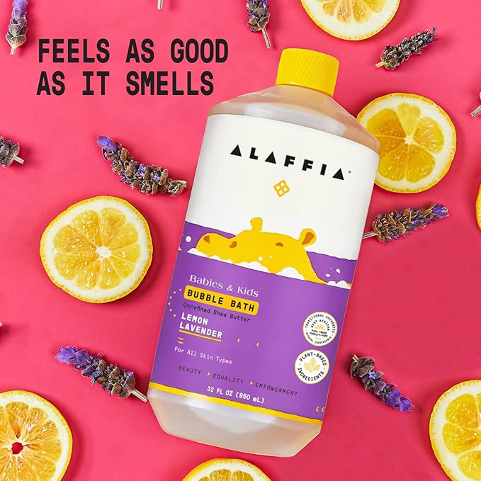 Alaffia Babies and Kids Bubble Bath, Gentle Baby Essentials for Delicate Skin, Cleansing & Calming Bubbles, Plant Based Formula, Vegan, Lemon Lavender (2 Pack - 32 Fl Oz Ea)
