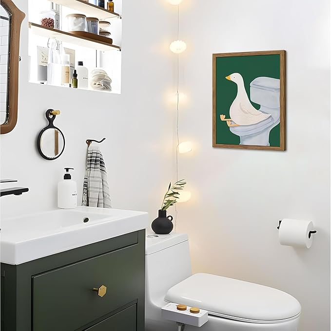 Framed Silly Goose Wall Art Bathroom Art Wall Decor Set of 3, Funny Gooses Poster Print, Dark Green Nursery Decor, Cute Animal Pictures Canvas for Kids Bathroom Washroom – 16x24 inch