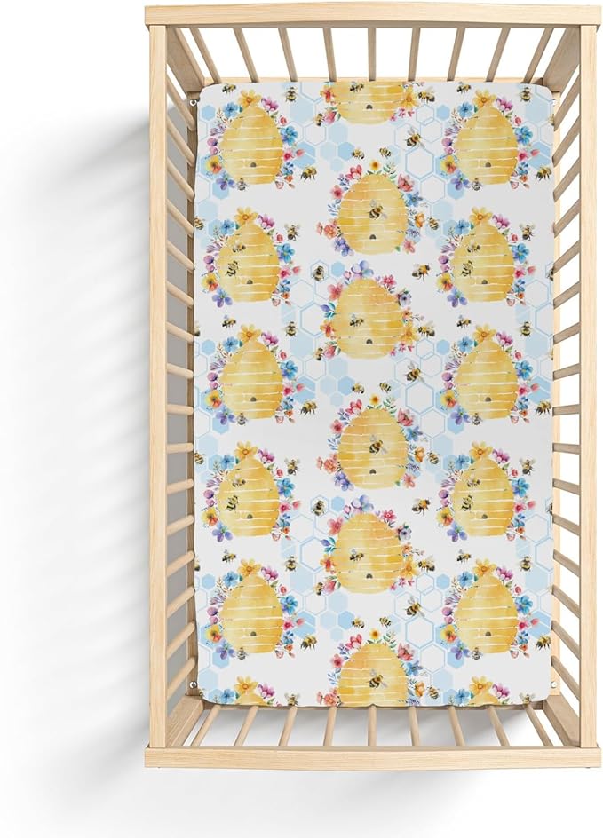 Bee Harmony Baby Crib Sheets for Boy Girl 52"x28" Yellow Bees Honeycomb Flowers Garden Soft Stretchy Fitted Crib Mattress Cover Spring Summer Baby Sheet for Standard Crib & Toddler Bed Mattress