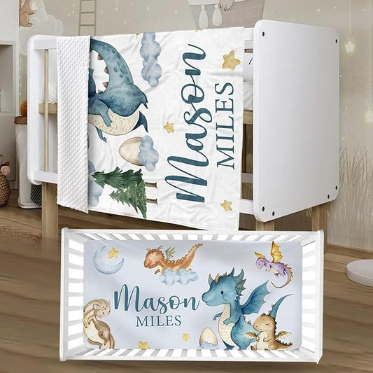Personalized Crib Bedding Set for Boys Girls, Custom Baby Crib Sets with Name, Blue Dinosaur Design Nursery Bedding 2 Piece - Soft Blanket with Double Layer Dotted Backing, Crib Fitted Sheet