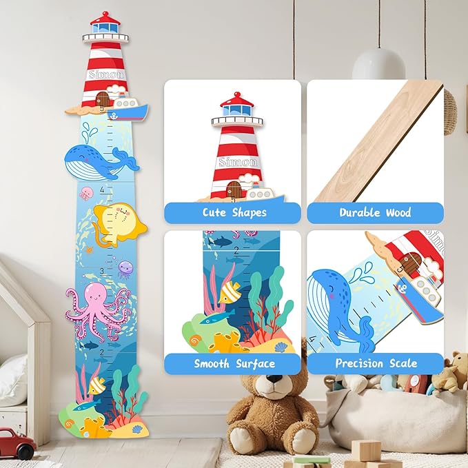 Woodemon Personalized Name Wooden Growth Charts for Kids, Lighthouses and Oceans Height Measurement for Wall Girls Boys Teen Room Nursery Decor