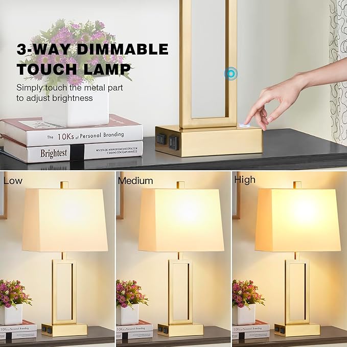 Lolikit 23.5" Touch Control Table Lamps, Metal Bedside Lamp for Bedroom Set of 2 with USB A+C Ports & AC Outlet, 3-Way Dimmable Nightstand Lamp for Living Room (LED Bulb Included)
