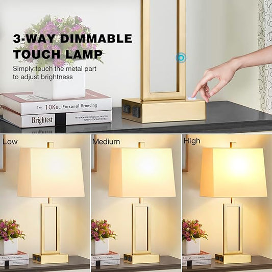 Lolikit 23.5" Touch Control Table Lamps, Metal Bedside Lamp for Bedroom Set of 2 with USB A+C Ports & AC Outlet, 3-Way Dimmable Nightstand Lamp for Living Room (LED Bulb Included)