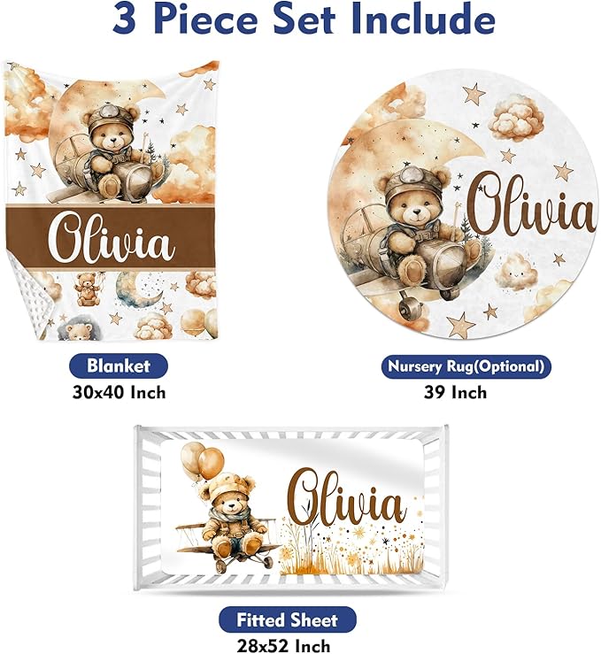Custom Baby Crib Bedding Set, Personalized Name Balloon Bear Design Crib Set 3 Pcs, Soft Double Layer Blanket, Crib Sheet & Room Rug, Ideal Nursery Decor Gift for Baby Girls Boys