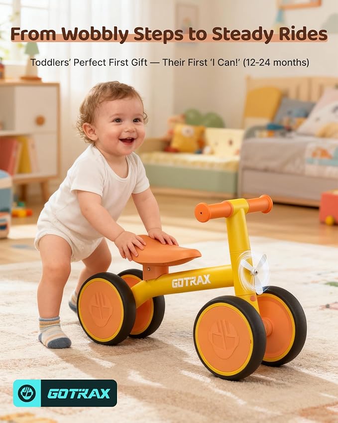 Gotrax Baby Balance Bike 1-2 Years, 7" Front&Rear Silent Wheels, Sturdy Steel Frame 66 lbs Load, Quick 2-Min Assembly, CPC Certified, Comfortable Soft Seat, Toddler Birthday Gift for Boys&Girls Yellow