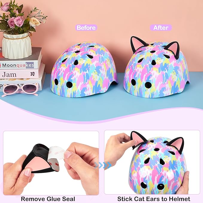 Kids Helmet, Bike Helmets for Kids 8-14 with Knee Pads and Elbow Pads Wrist Guards, Adjustable Youth Girls Bike Helmet with DIY Cat Ears Skateboard Helmet for Scooter Skating Cycling