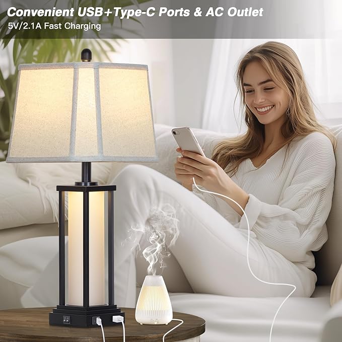 Cinkeda 27" Tall Vintage Table Lamp Set of 2 with USB C+A & Outlet,Black Industrial End Table Lamp for Living Room,Farmhouse Rustic Bedside Lamps with Bell Lampshades for Bedroom Nightstand,Black