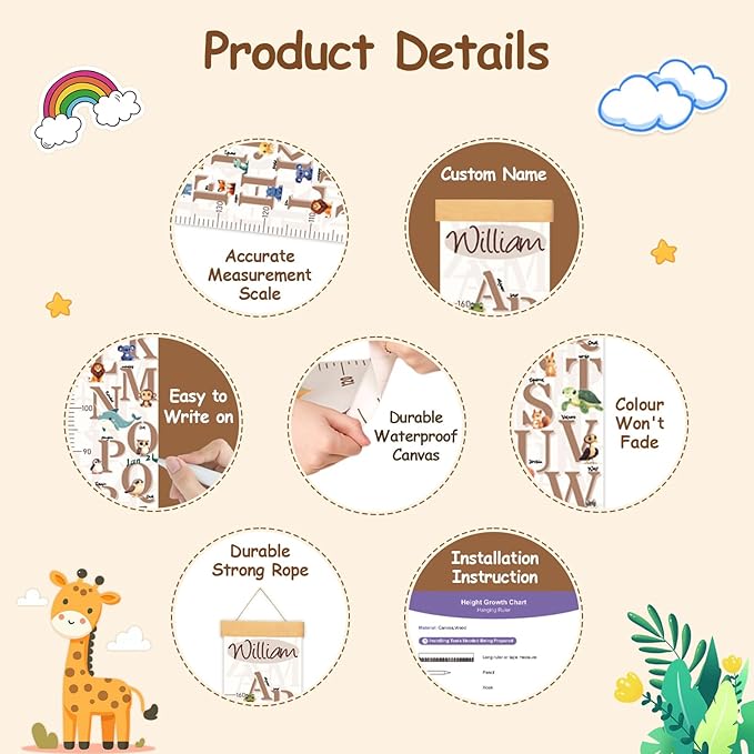 Personalized Name Growth Chart for Wall, Letter and Animal Canvas Height Measurement for Wall Removable, Height Ruler for Wall Kids Boys Girls, Nursery and Playroom Wall Decor