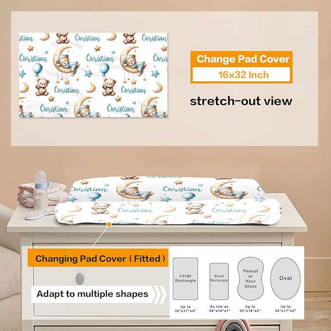 Custom Baby Bedding Set, Personalized Blue Moon Bear Bedding, Baby Blanket Fitted Sheet Changing Cover Nursery Rug Room Decor Gift Idea