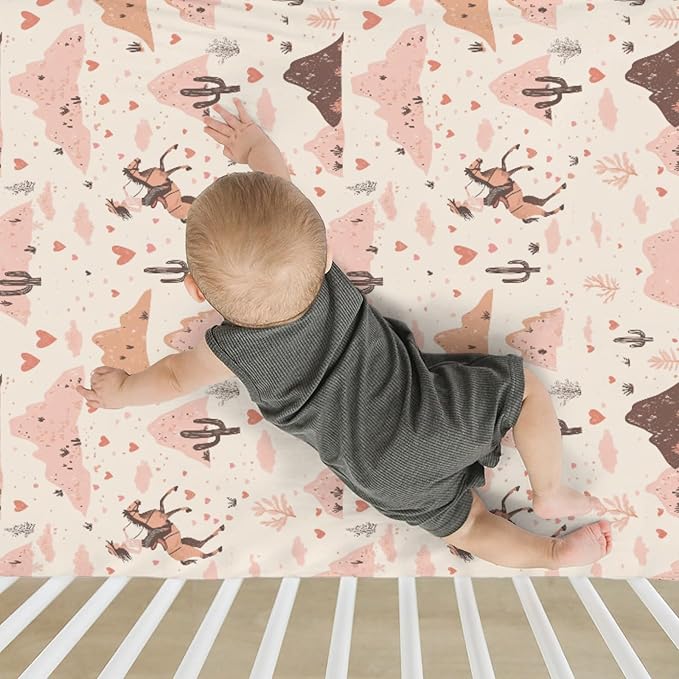 Vintage Pink Cowgirl Cactus Baby Crib Sheets for Boy Girl 52"x28" Western Cowgirl Love Soft Stretchy Fitted Crib Mattress Cover Wild Desert Baby Sheet for Standard Crib & Toddler Mattress Pad