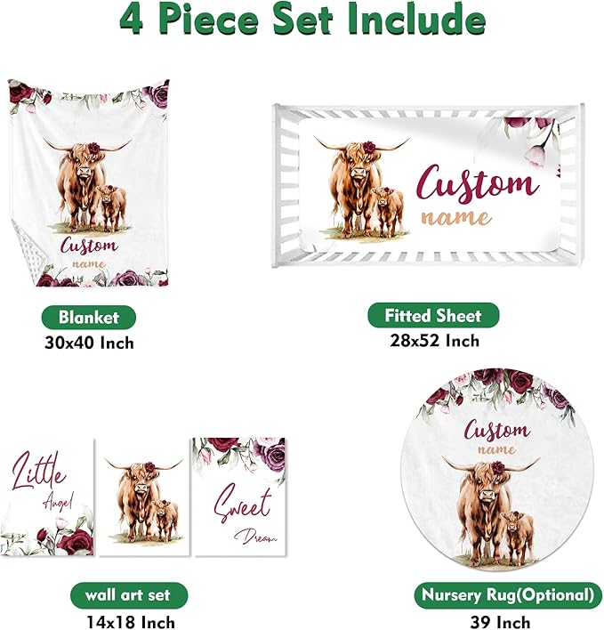 Personalized Baby Crib Bedding Set: 4 Piece Custom Rose Highland Cow Crib Bed Set with Name, Nursery Bedding Set for Baby Girls, Newborn Boys Crib Sets, Crib Bedding Custom Gift, Crib Sheet