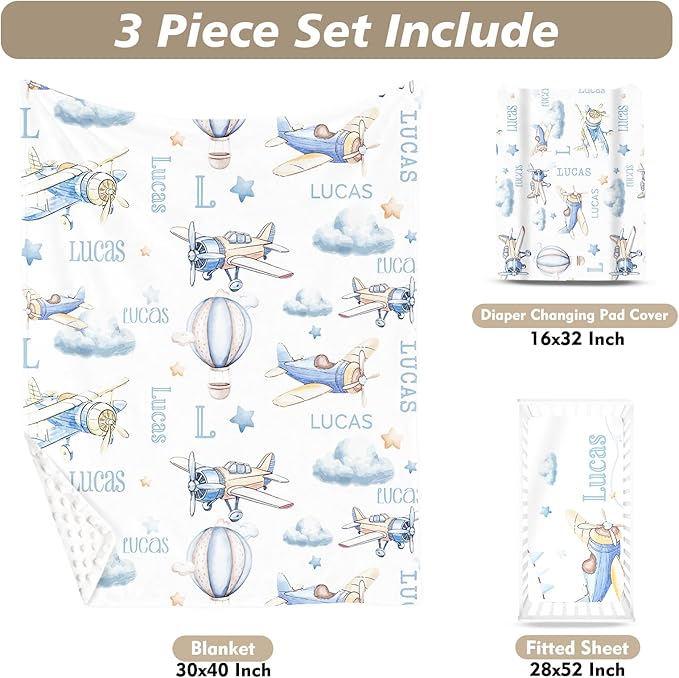 Custom Name Crib Bedding Set 3-Piece – Toy Airplane Design Baby Bedding Set with Personalized Soft Blanket, Fitted Sheet, Changing Pad Cover – Ideal Newborn Gift for Boys and Girls