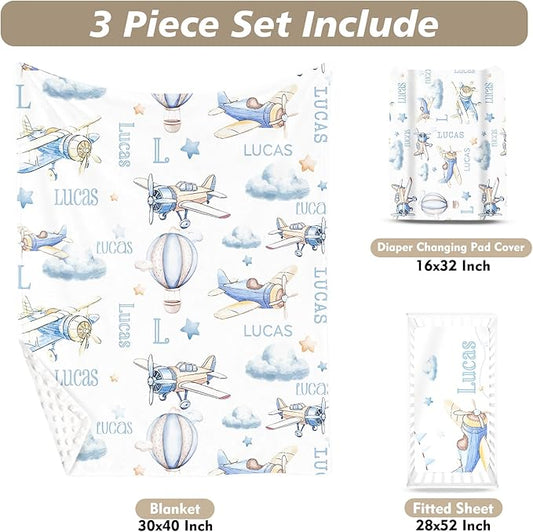 Custom Name Crib Bedding Set 3-Piece – Toy Airplane Design Baby Bedding Set with Personalized Soft Blanket, Fitted Sheet, Changing Pad Cover – Ideal Newborn Gift for Boys and Girls