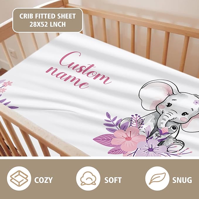 Custom Crib Bedding Set for Infant Babys - 2 Piece Elephant Theme Set with Blanket and Crib Sheet, Personalized Infant Crib Bedding Sets with Name, Newborns Gifts