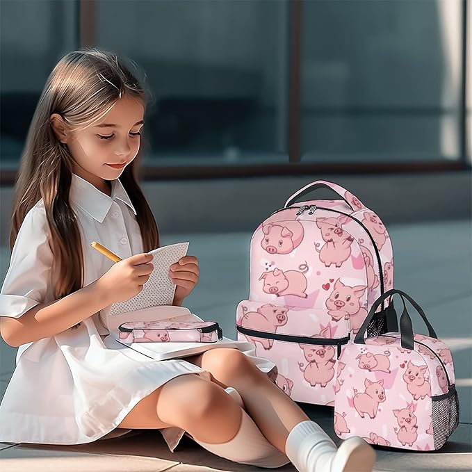 AIOMXZZ Pig Backpack with Lunch Box and Pencil Case, 16 Inch Cute Pig Bookbag Durable, Lightweight, Large Capacity, Funny Animal Backpack for School Girls Kids Women