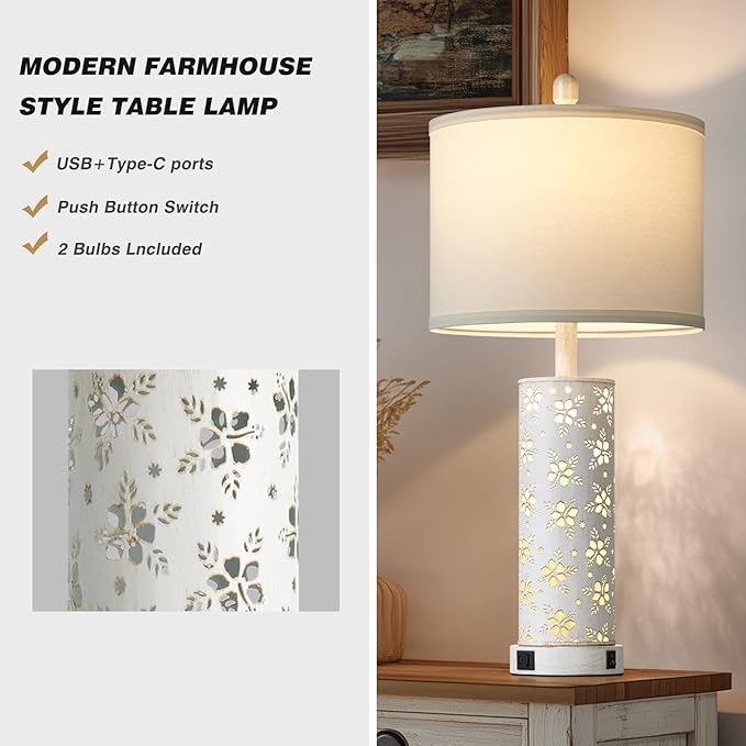 Cinkeda Set of 2 Rustic Table Lamps for Living Room Bedroom, Vintage Farmhouse Nightstand Lamp with 2 USB Ports, Hollow Out Metel Lamp for End Table with Nightlight (Retro White)