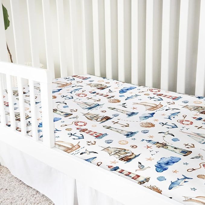 Watercolor Sailing Adventure Baby Crib Sheet 52''x28'' Nautical Life Lighthouse Boat Anchor Stretchy Fitted Crib Mattress Cover Boy Girl Beach Summer Baby Bed Sheet for Standard Crib Toddler Mattress