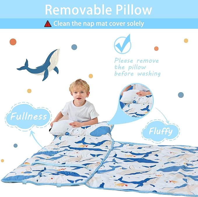 Toddler Nap Mat with Pillow and Blanket, Extra Large Rolled Napping Mats,Slumber Bags for Boys Girls,Kids Sleeping Bag for Daycare, Preschool Travel Camping