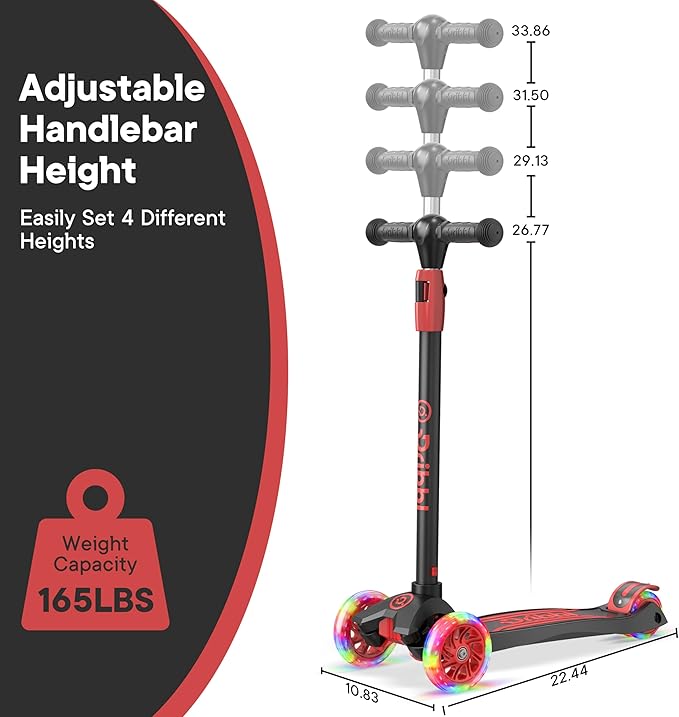 Dribbl 3-Wheel Kids Scooter - Lean-to-Steer Technology, Adjustable Height Handlebar, Anti-Slip Deck, Scooter for Boys & Girls Ages 3+, Child Safety Approved, Support Rider Up To 165 lbs, Black and Red